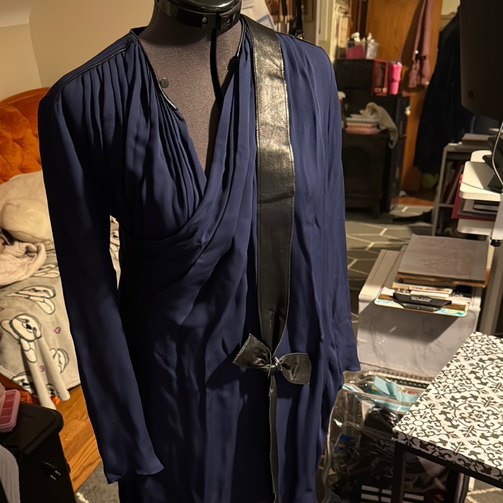 Hanley Mellon Designer SILK Navy Sheer Dress with Black Sash Wrap-waist